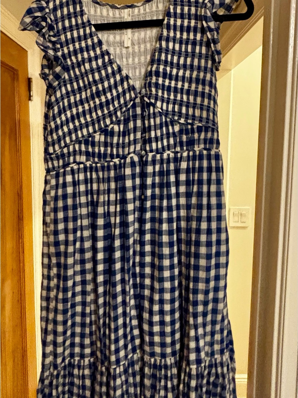 Anthropologie Navy and White Gingham Midi Dress with Ruffle Shoulders